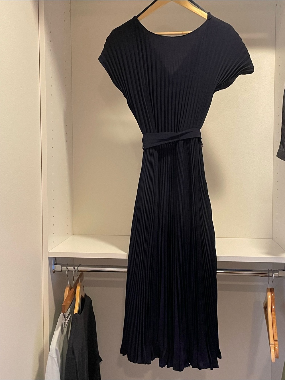 Classic Navy Pleated Midi Dress with Back-V-Neck Detail- Elegant Women's Dress